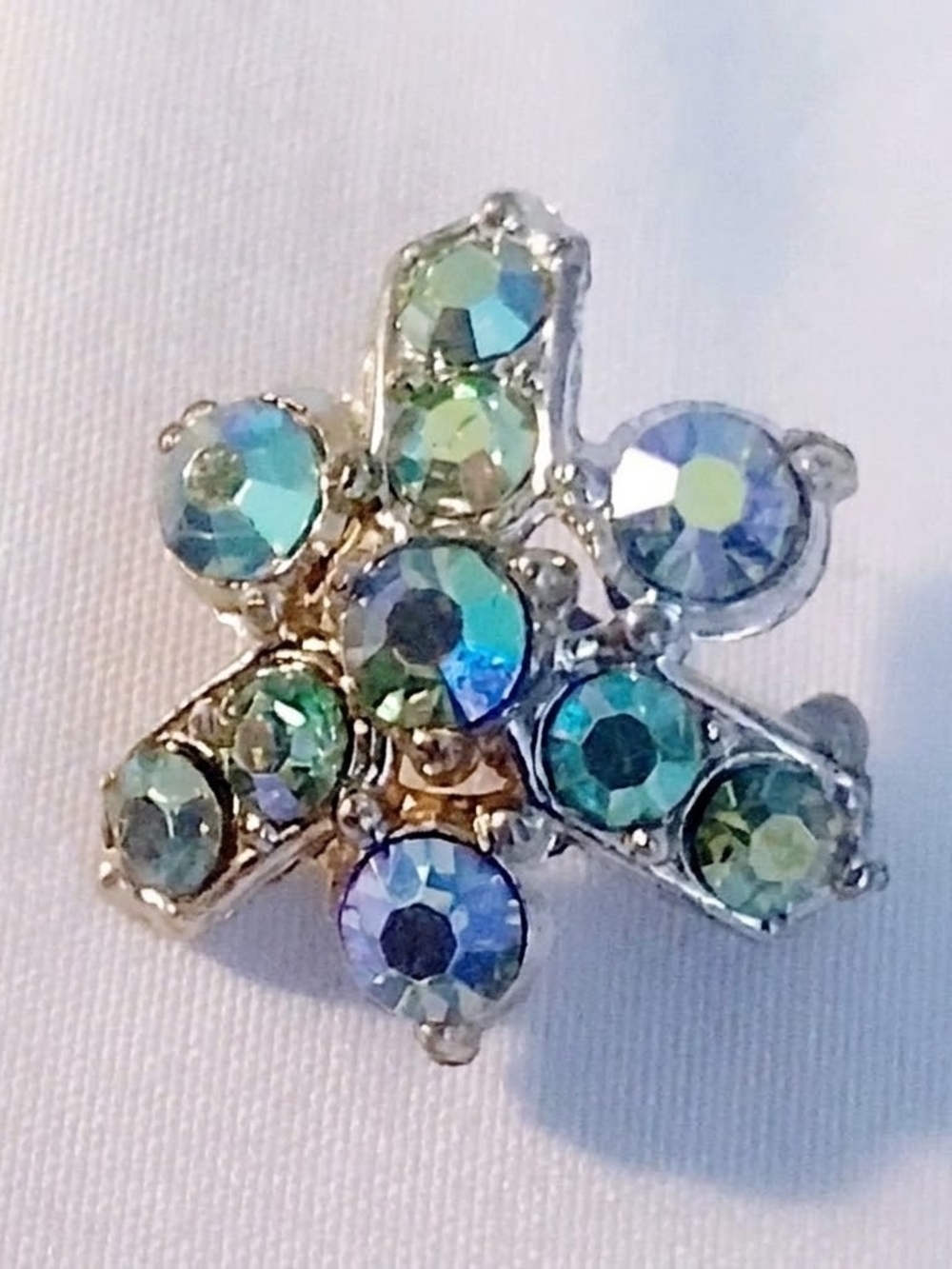 Iridescent Green-Blue Crystal Floral Brooch